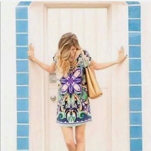 Maeve Anthropologie Green Shift Bird Print Folksong Boho Dress size small